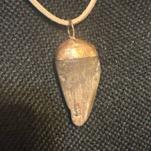 Large Sharks Tooth and Golden Brass Pendant Necklace, NEW, 18” , Unisex, Suede c